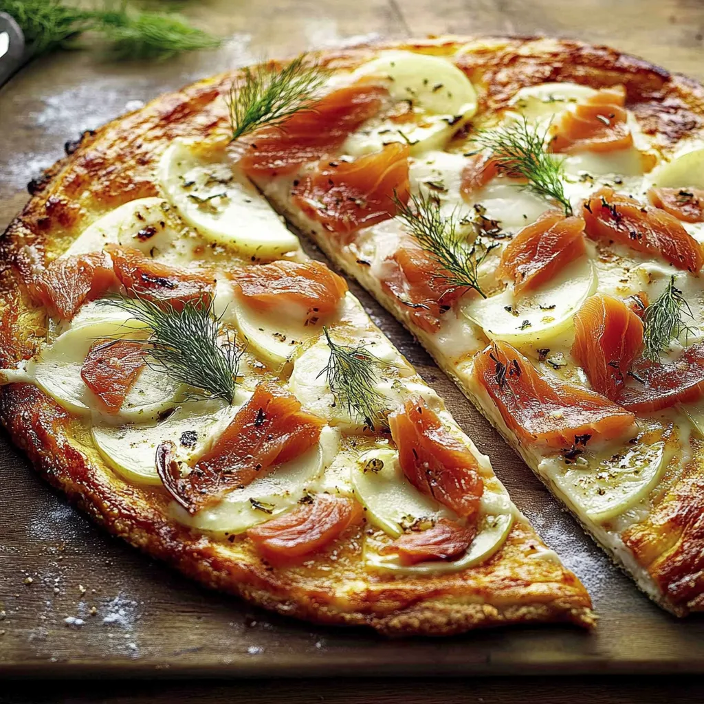 Eine halbe Pizza mit Salat und Lachs auf einem Tisch.