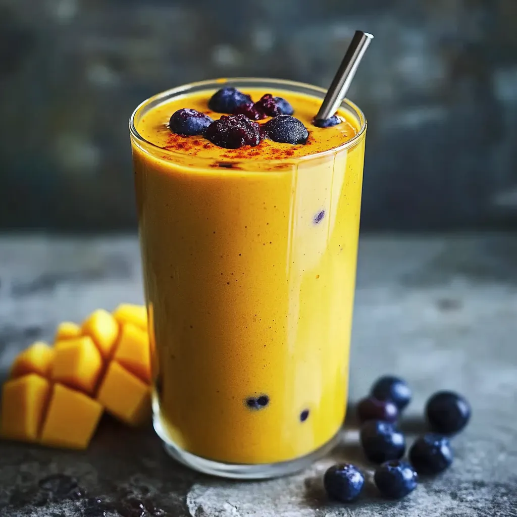 Ein Glas mit einer Mischung aus Orange-Juice und Blueberries.