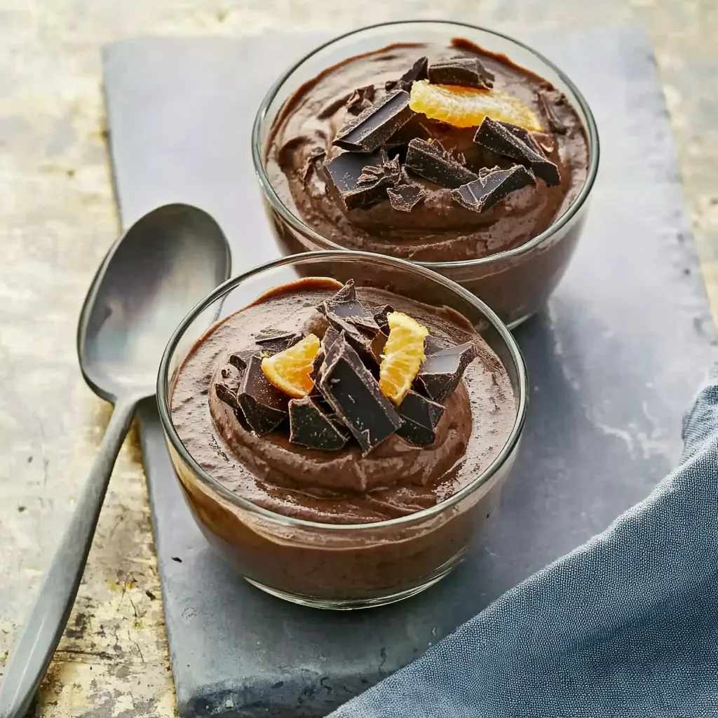 Zwei Gläser mit Schokoladen-Orange-Chocolate-Mousse auf einem Tisch.