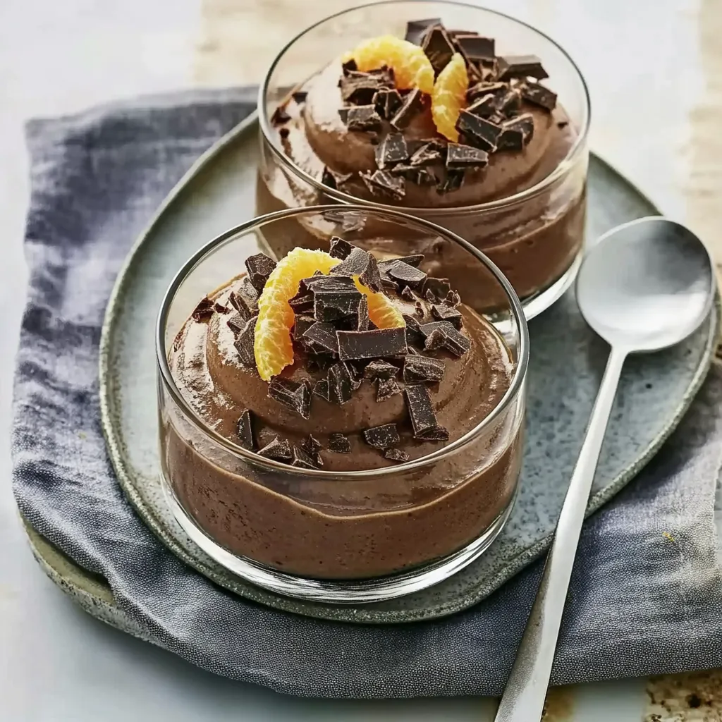 Zwei Gläser mit Schokoladenglasur und Zitrusfrucht.