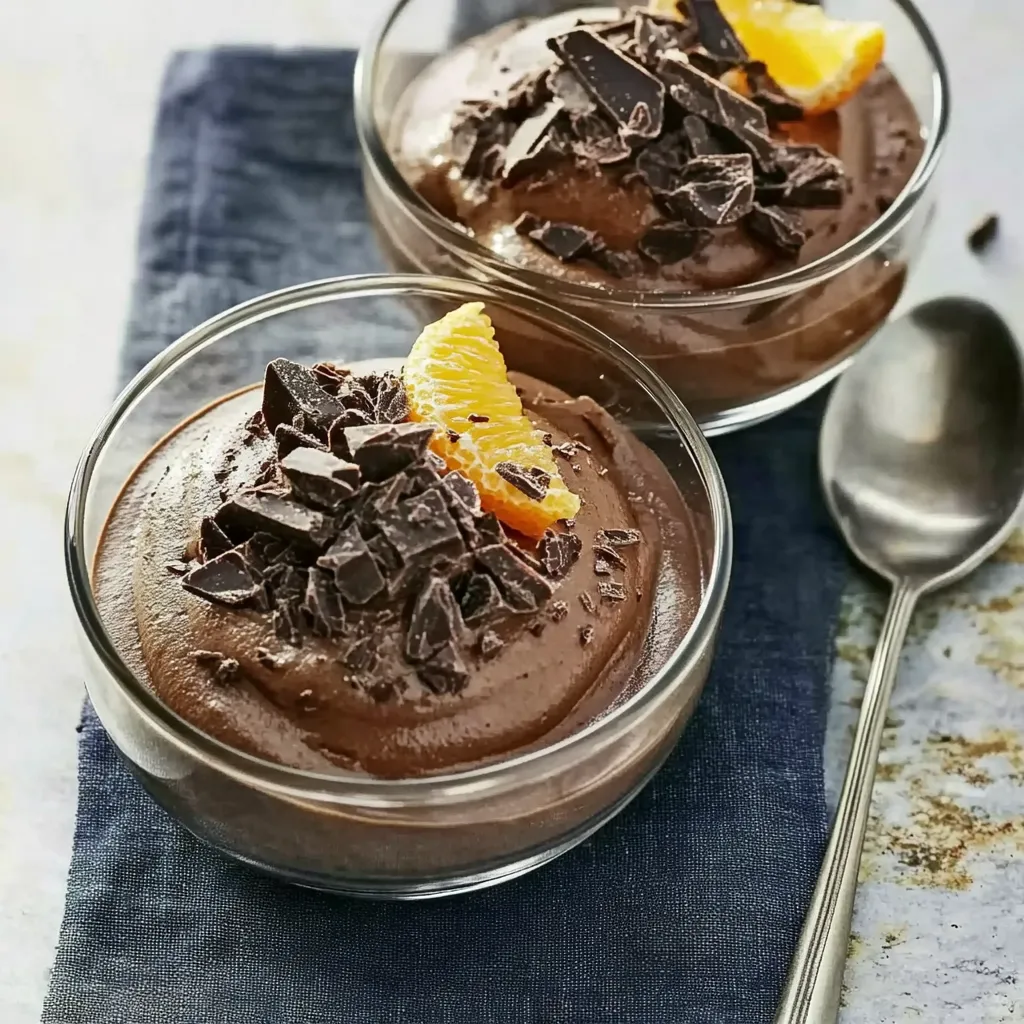Zwei gläserne Schüsseln mit Schokoladensoße und Orangenscheiben darauf.