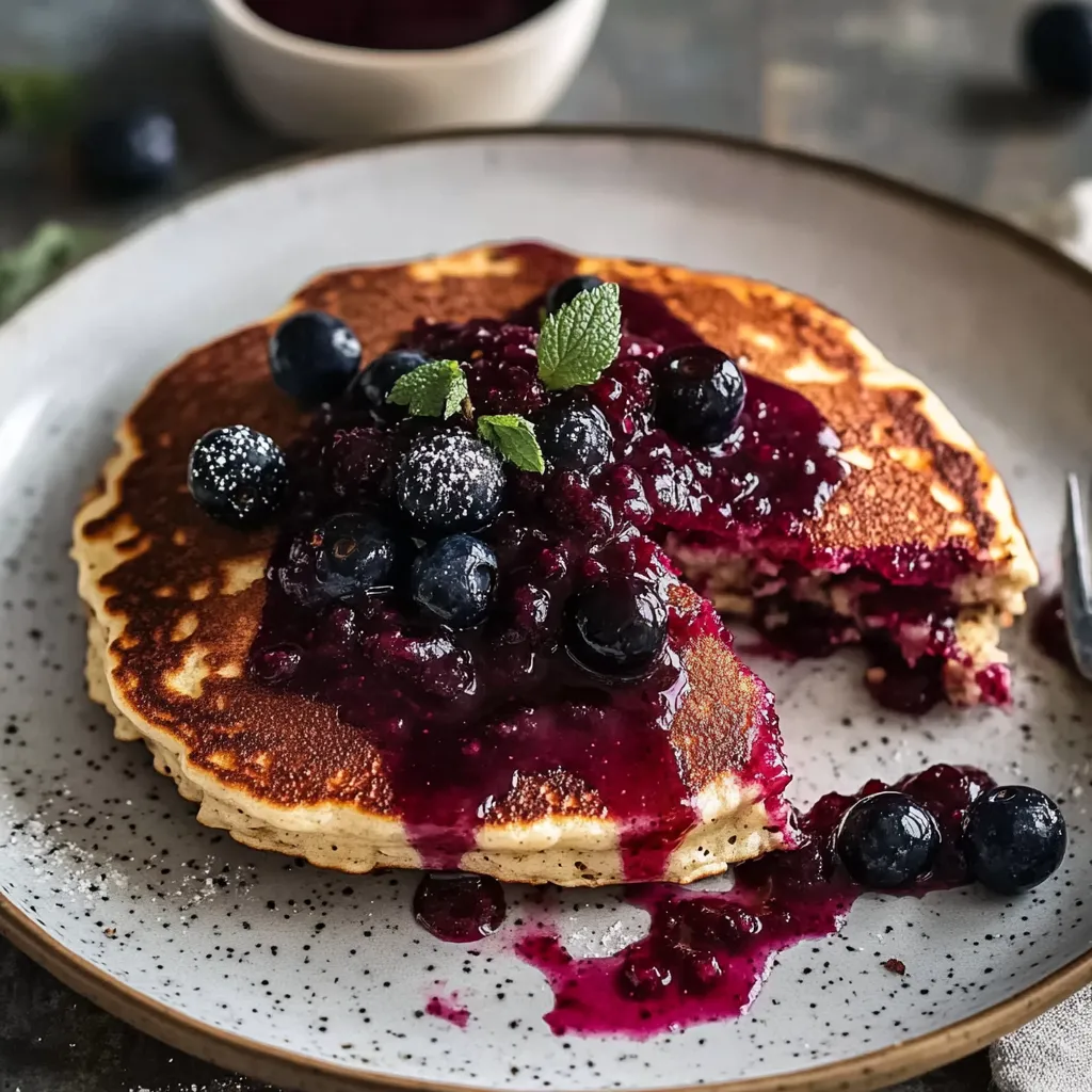 Ein Plate mit einem Pancakes mit Blueberrys und einer Tasse mit Blueberrys und einem Löffel.