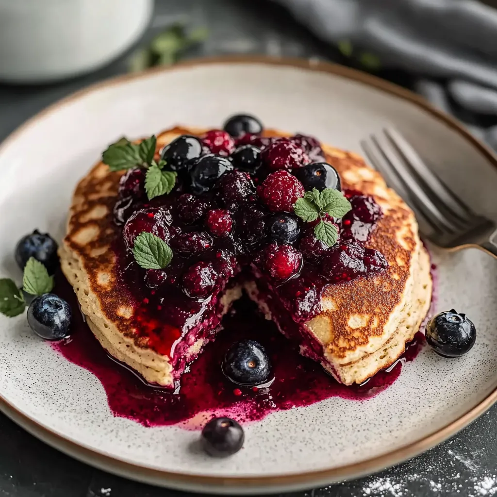 Ein Plate mit einem Stück Kuchen, der mit Blaubeeren und Zitronen geschmückt ist.