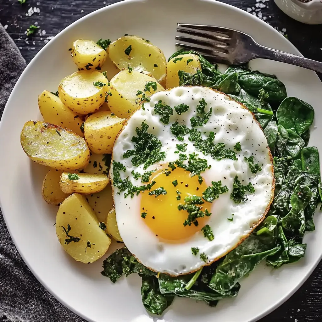 Ein weißer Teller mit frisch zubereitetem Ei, grüner Salat und gegrillten Paprika.