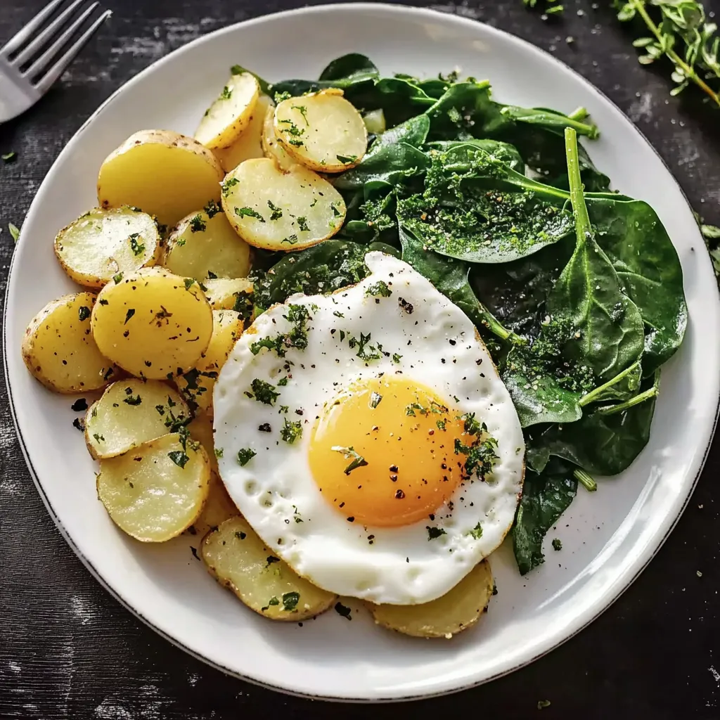 Ein weißer Teller mit frisch zubereitetem Ei, Potatoes, Spinach und Kräutern.