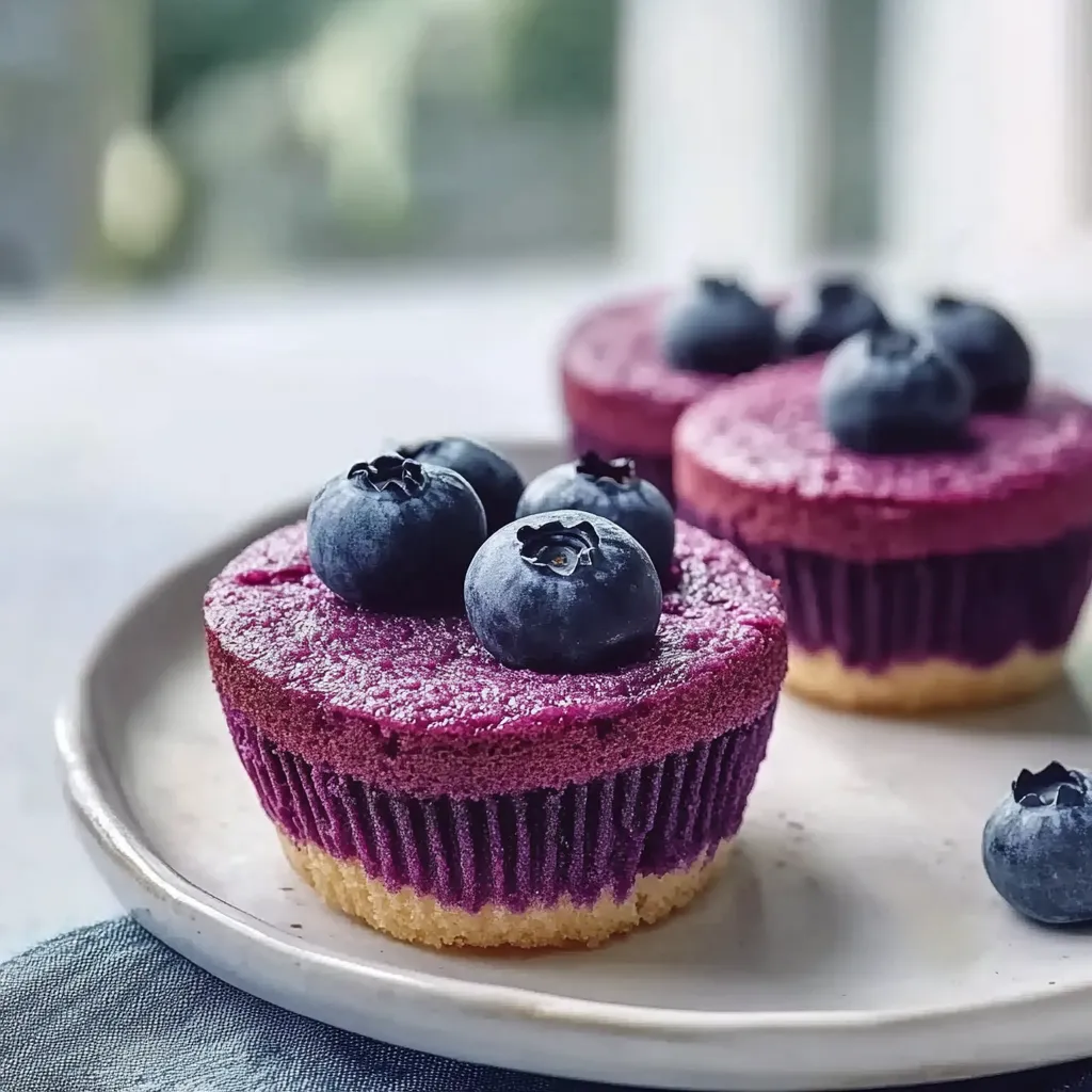 Zwei prägnante purpurfarbene Cupcakes mit Blaubeeren auf einem weißen Plate.