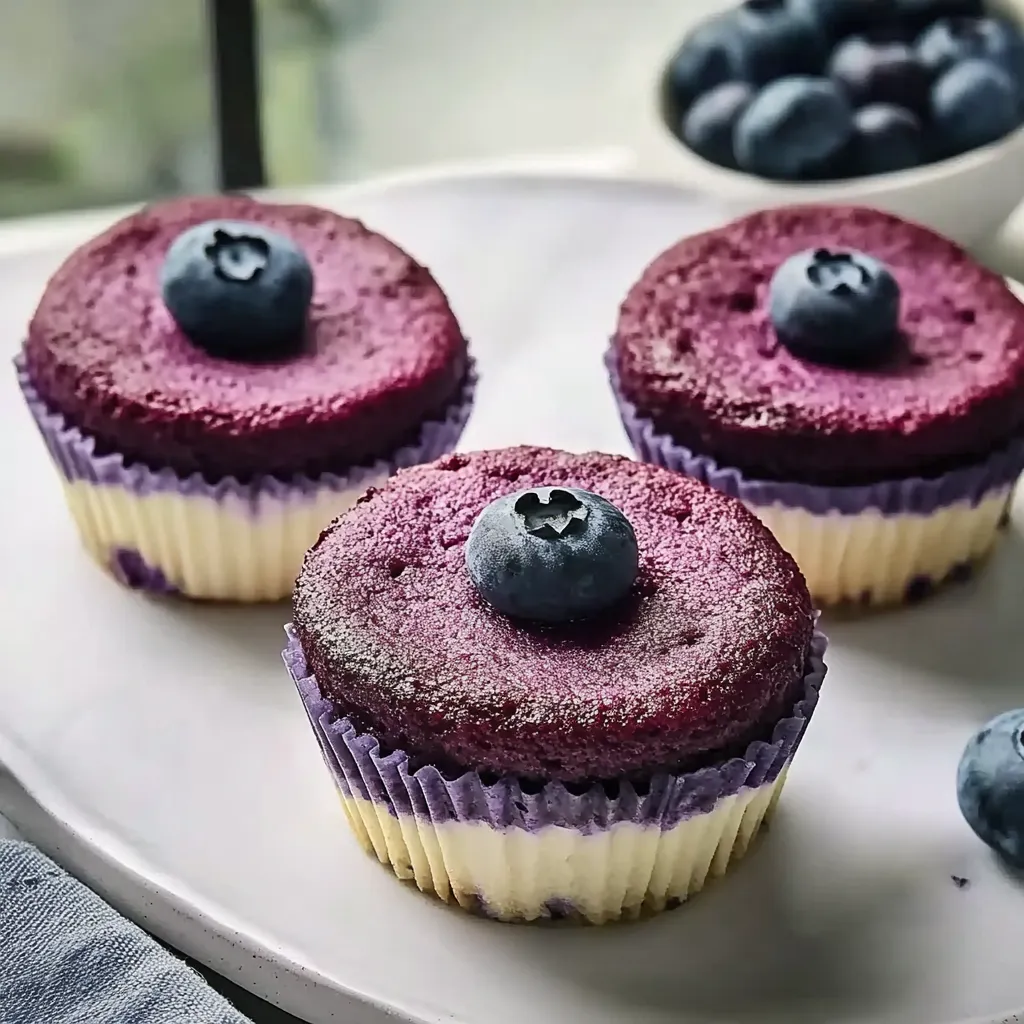 Zwei purpurfarbene Cupcakes mit blauen Zutaten auf einem weißen Teller.