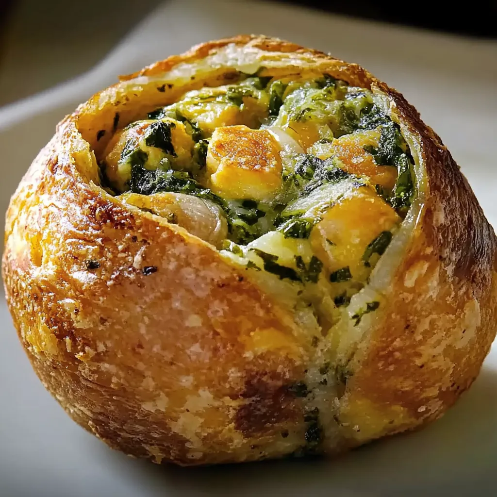 Ein weißer Teller mit einem gebackenen, gefüllten Ding, das wie eine Art von Kugel oder Baguette aussieht.