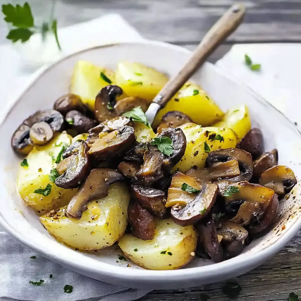 Ein weißer Teller mit einer Mischung aus Kartoffeln, Champignons und Zwiebeln.