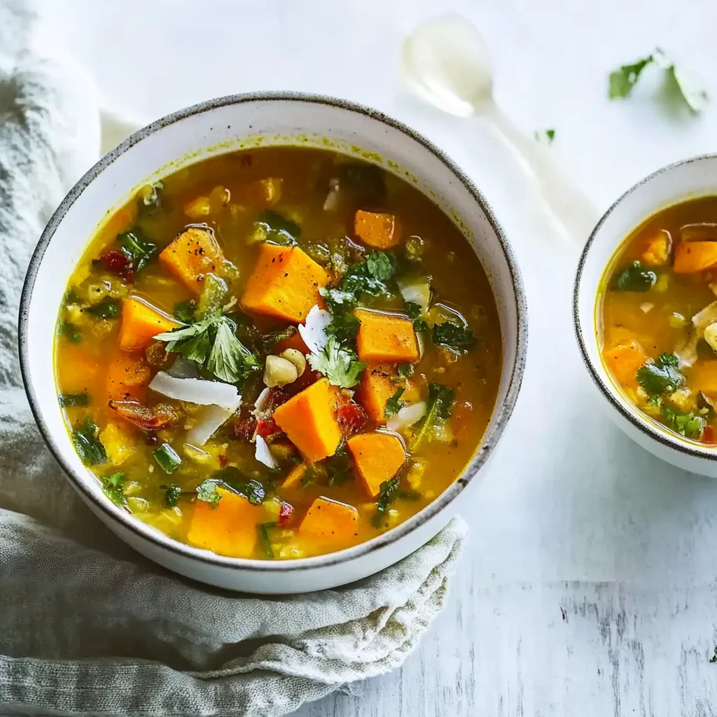 Ein weißer Tisch mit zwei Schalen auf ihm, die mit Suppe gefüllt sind.