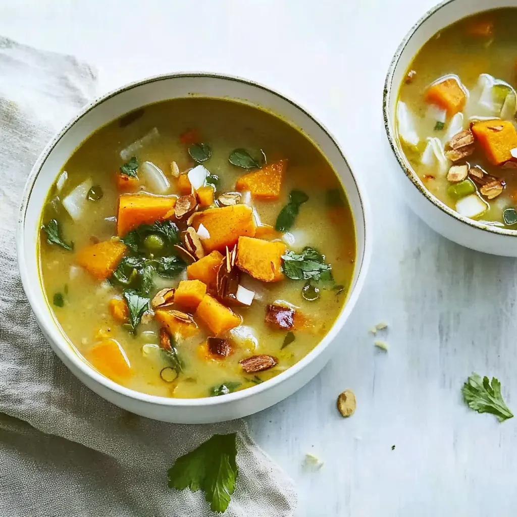 Ein weißer Teller mit einer Suppe, die aus Kürbis, Nüssen und Gemüse zubereitet wurde.