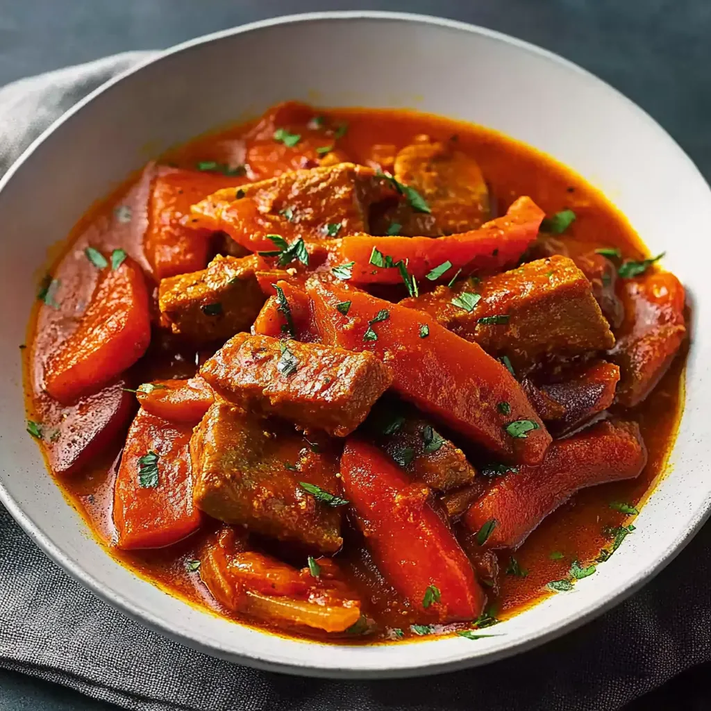 Ein weißer Teller mit einer Mischung aus Fleisch, Gemüse und Sauce.