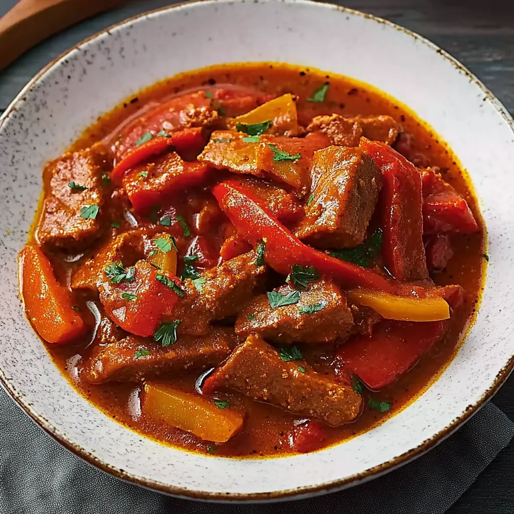 Ein weißer Teller mit einer Mischung aus Fleisch, Tomaten, Zwiebeln und Paprika.