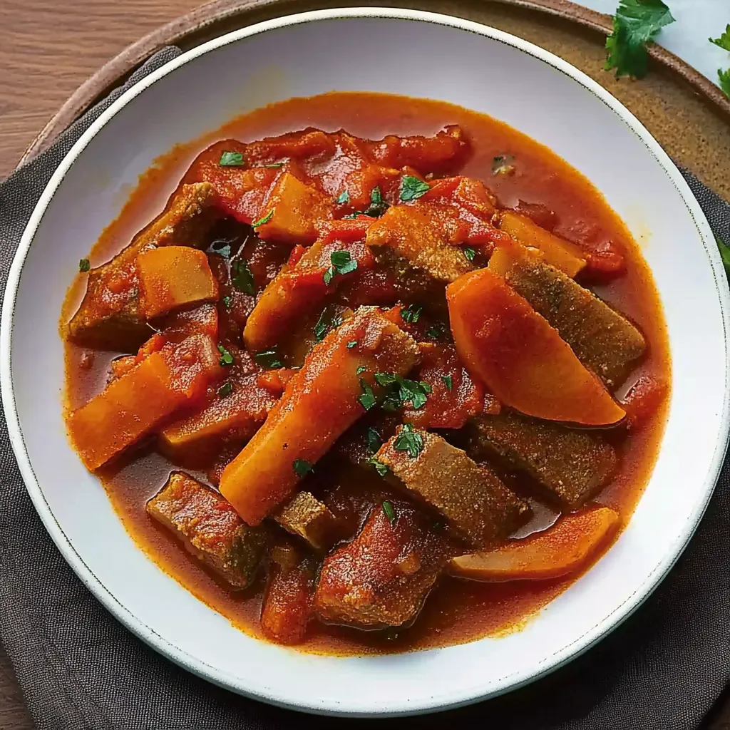 Ein weißer Teller mit einer Mischung aus Fleisch, Gemüse und Sauce.