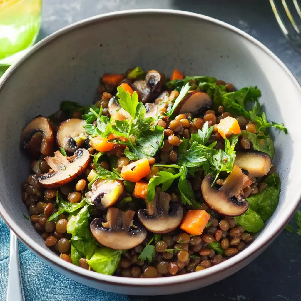 Ein Schüssel mit einer Mischung aus Möhren, Linsen, Spinat und Mushrooms.