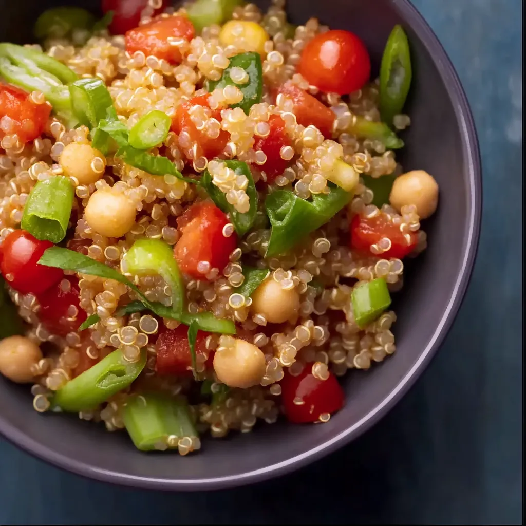 Ein Schälchen mit einer Mischung aus Reis, Tomaten, Zwiebeln und Chickpeas.