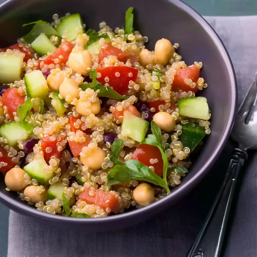 Ein Schüssel mit einer Mischung aus Reis, Tomaten, Zucchini, Kichererbsen und Salat.