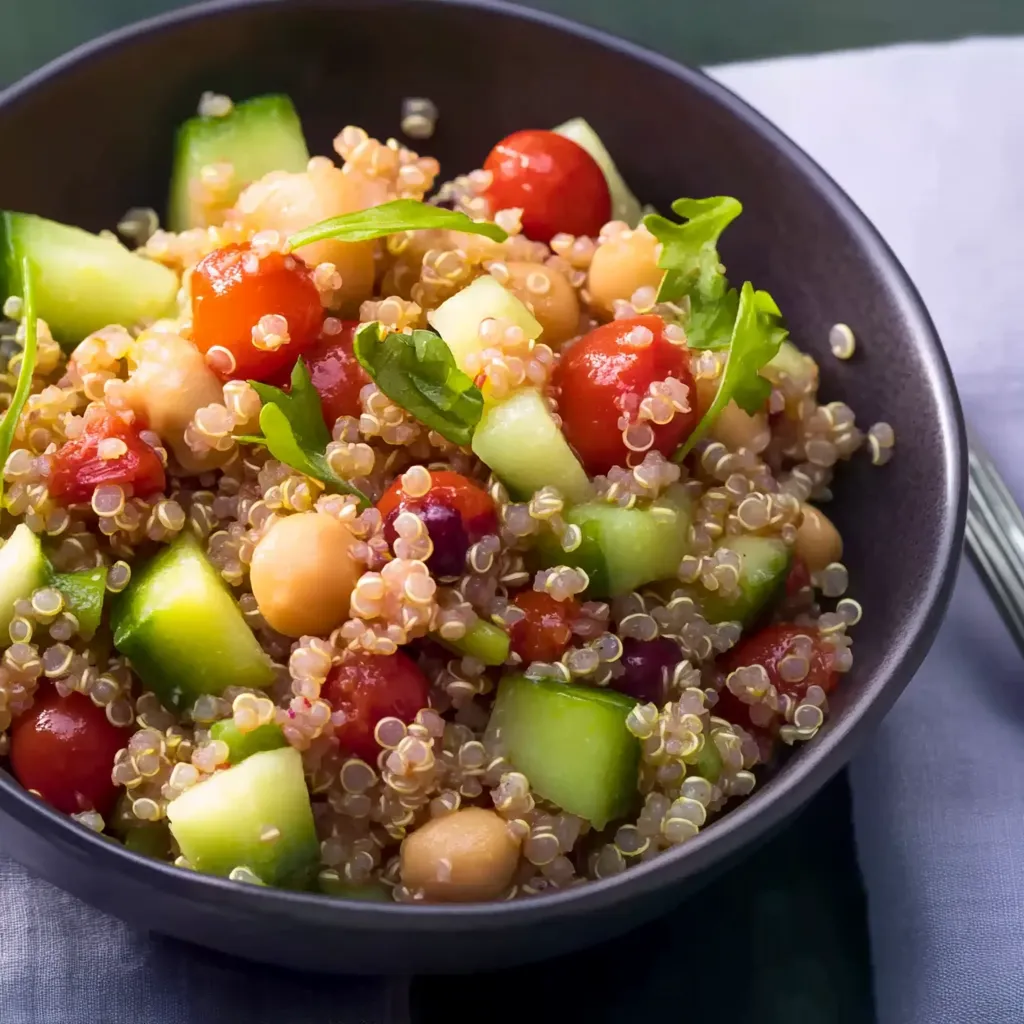 Ein Schüssel mit einer Mischung aus Reis, Tomaten, Zucchini, Cucumber und Chickpeas.