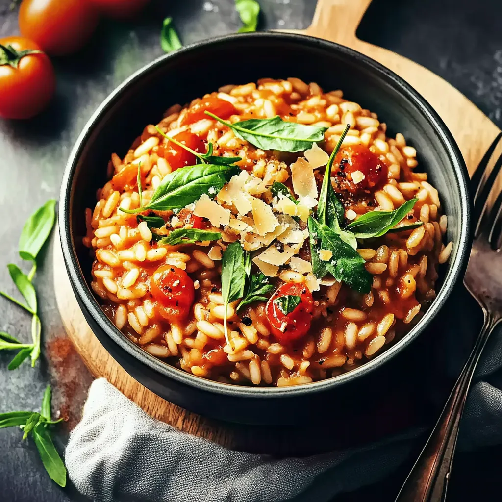 Ein Schälchen mit Riso, Tomaten, Basilikum und Parmesan.