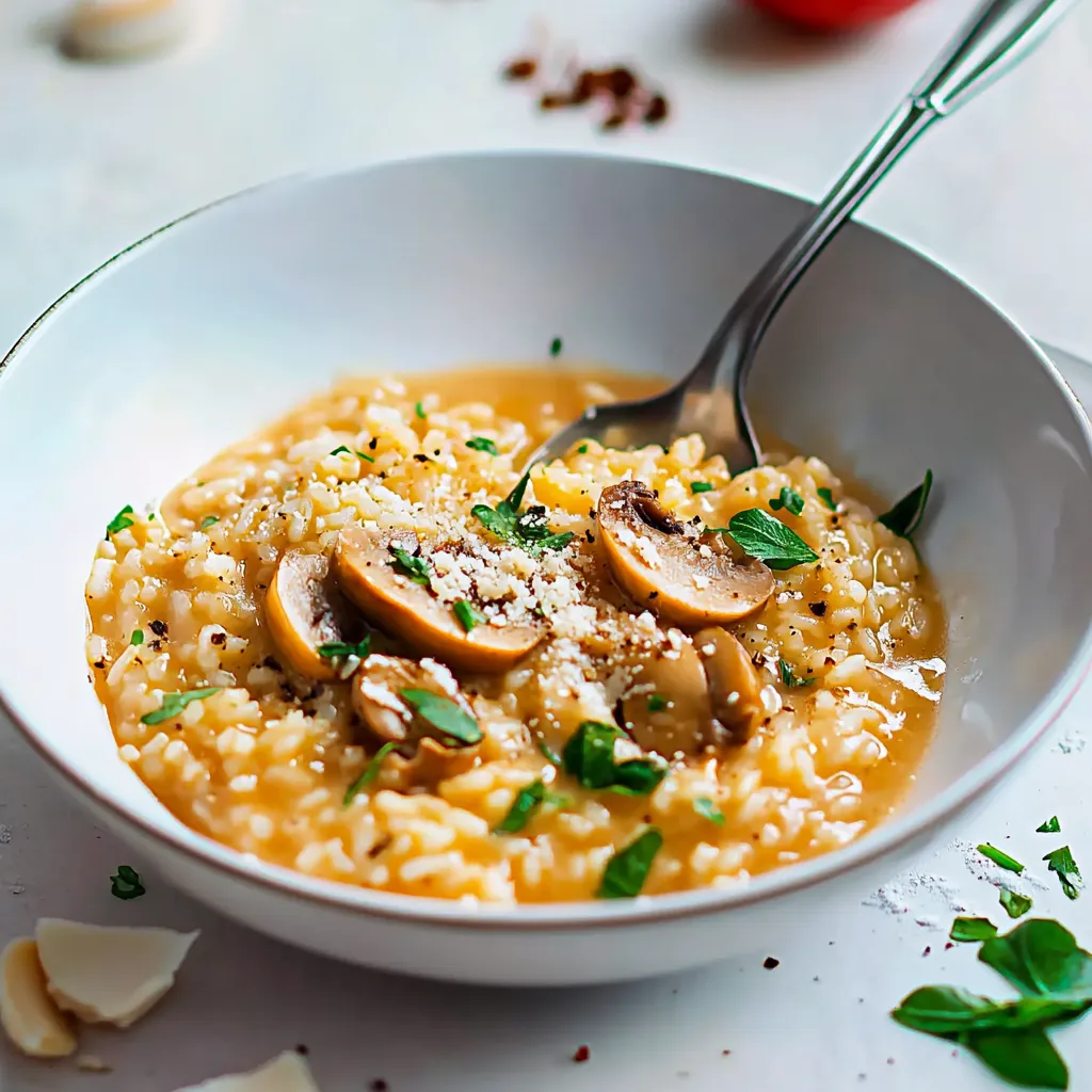 Ein weißer Teller mit Reis und Mushrooms.