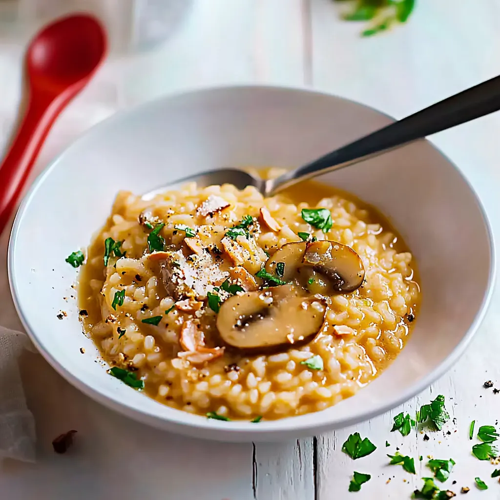 Ein weißer Teller mit Riso-Nudeln und Mushrooms.