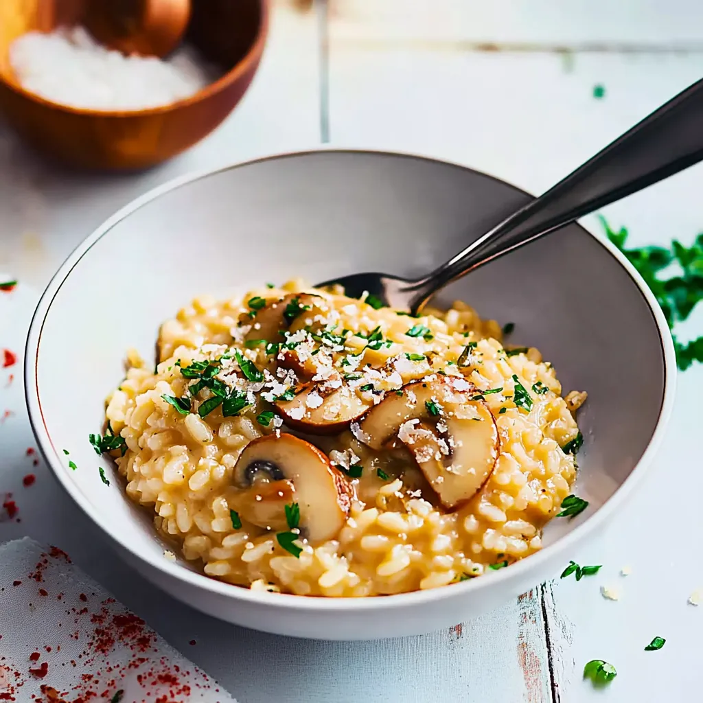 Ein weißer Teller mit Reis und Mushrooms.