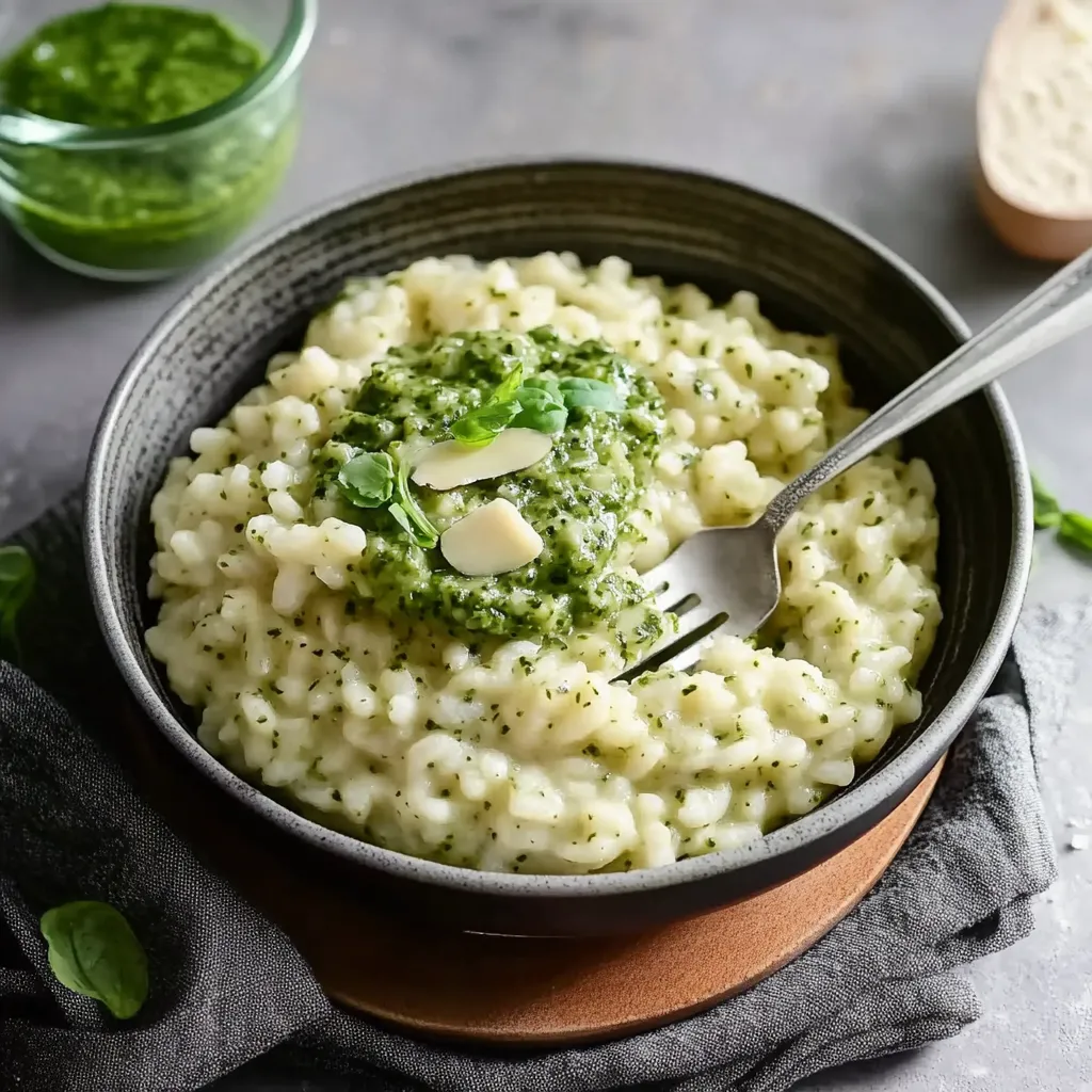 Ein Glas mit Reis und Pesto.