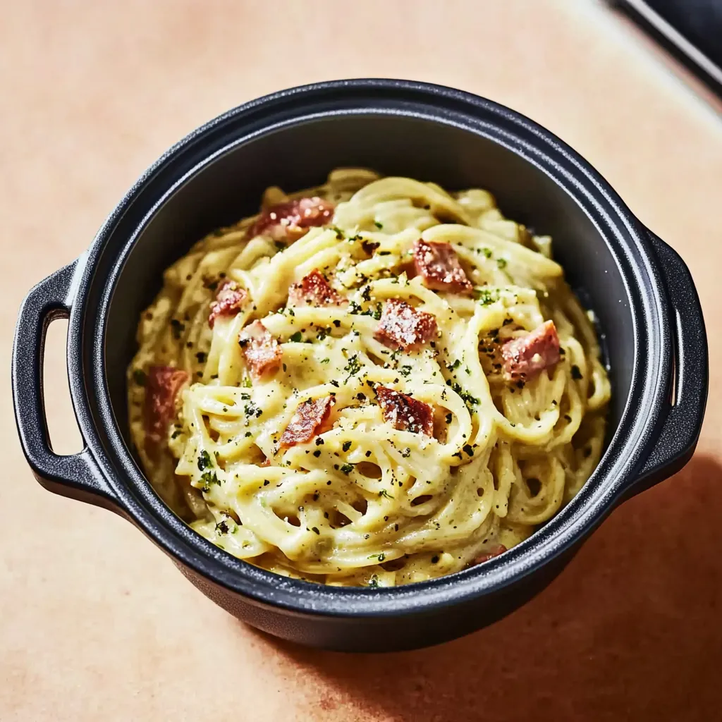 Ein schwarzes, glänzendes Kesselchen mit einer Mischung aus Pasta und Bacon.