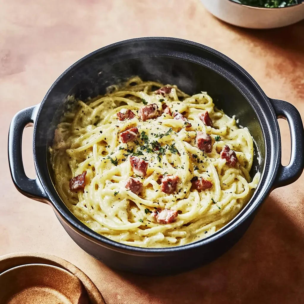 Ein Topf mit Pasta und Zwiebeln.