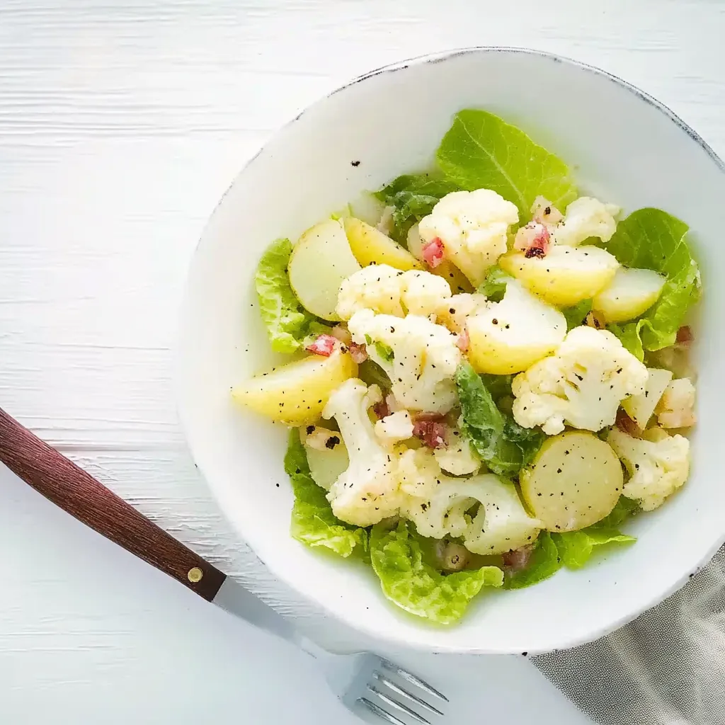 Ein weißer Teller mit einer Salatgarnitur, die aus Kartoffeln, Zwiebeln, Linsen, Käse und Salat besteht.