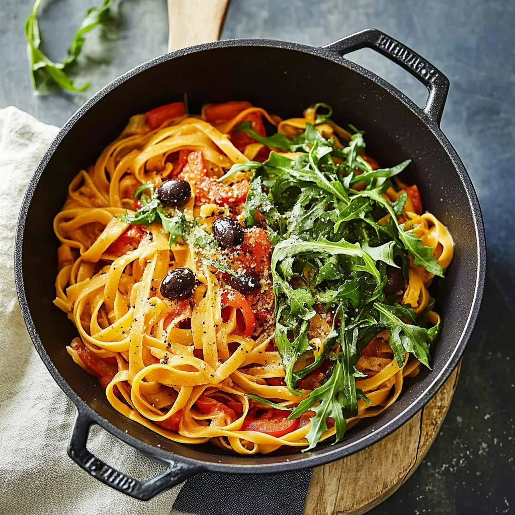 Ein schwarzes Töpfchen mit Pasta, Tomaten, Basilikum und Oliven auf einem Tisch.