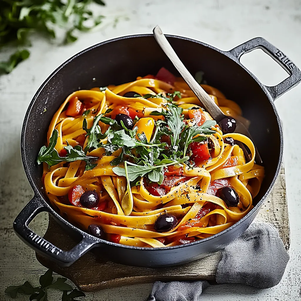 Ein schwarzes Kessel mit Pasta, Tomaten, Oliven und Basilikum.