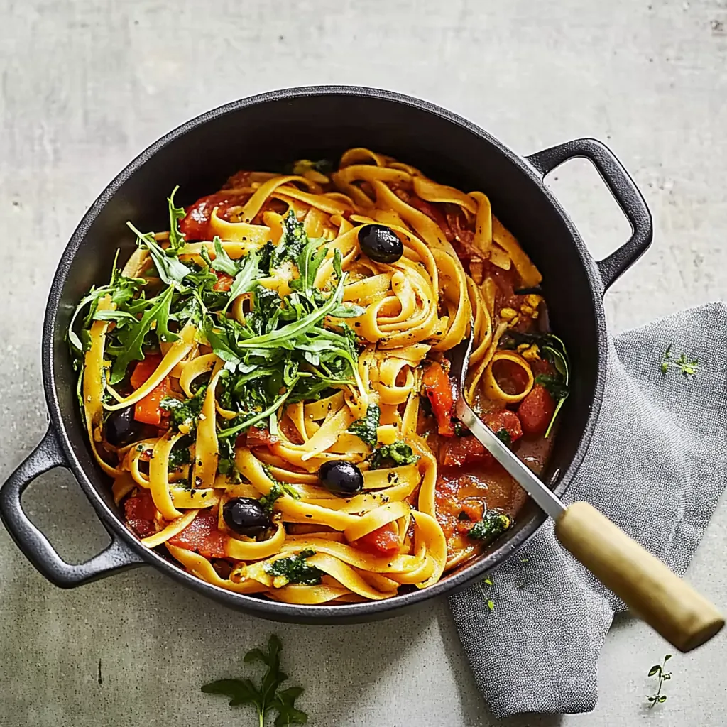 Ein schwarzes Kessel mit Pasta, Tomaten, Zwiebeln und Oliven.