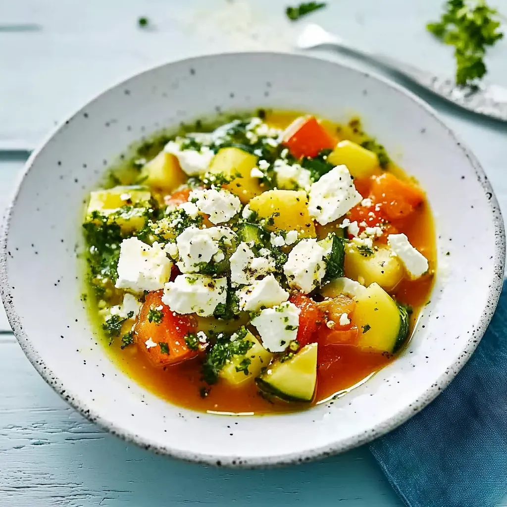 Ein weißer Teller mit einer Mischung aus Gemüse, darunter Zucchini, Tomaten, Karotten und Paprika, garniert mit grünen Blattchen.
