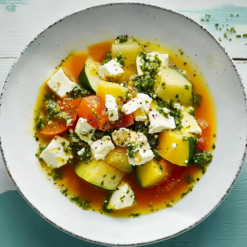 Ein weißer Teller mit einer Mischung aus Zucchini, Tomaten, Käse und Basilikum.