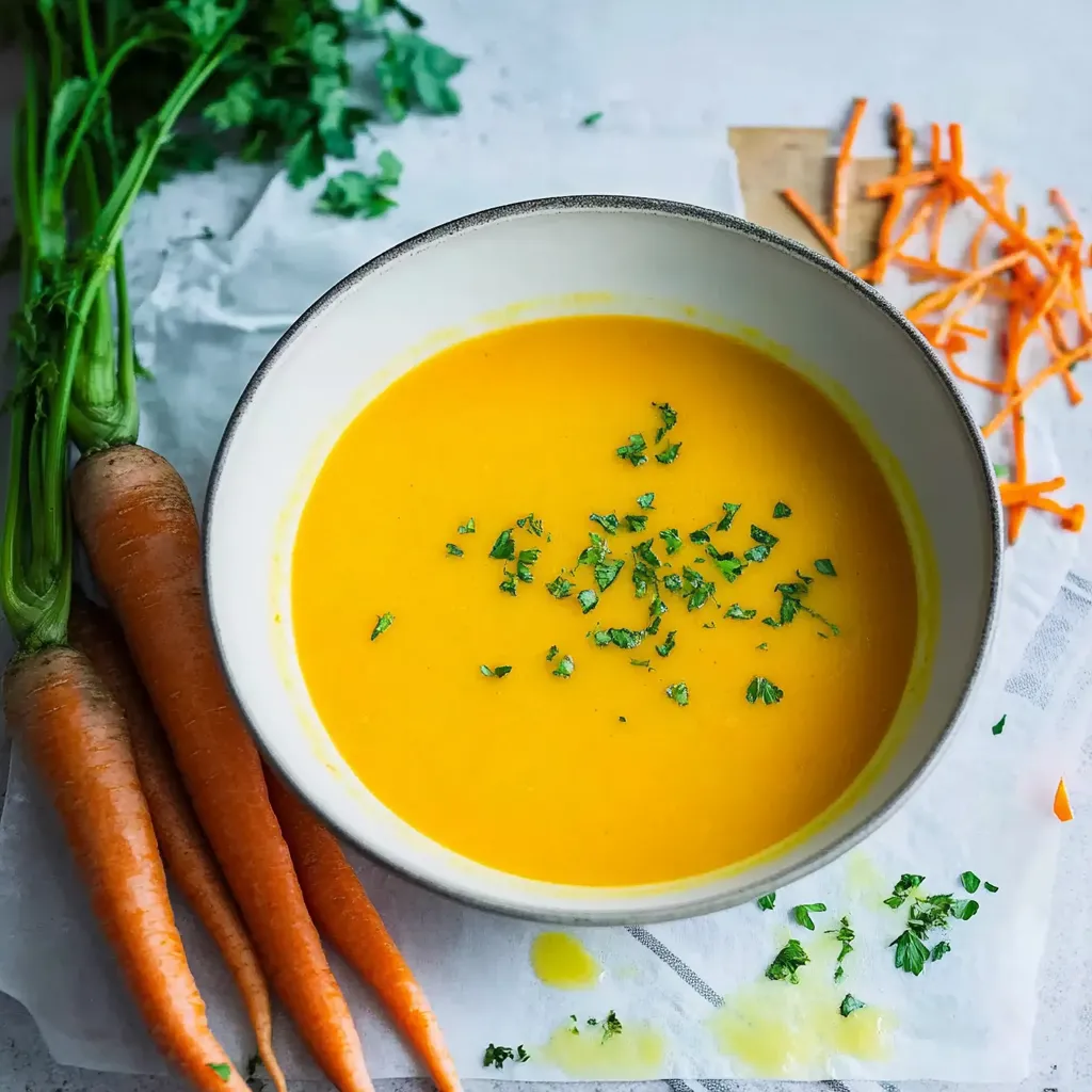 Ein weißer Becher mit einer cremigen, kräftigen Suppe, die mit grünen Zutaten garniert ist.