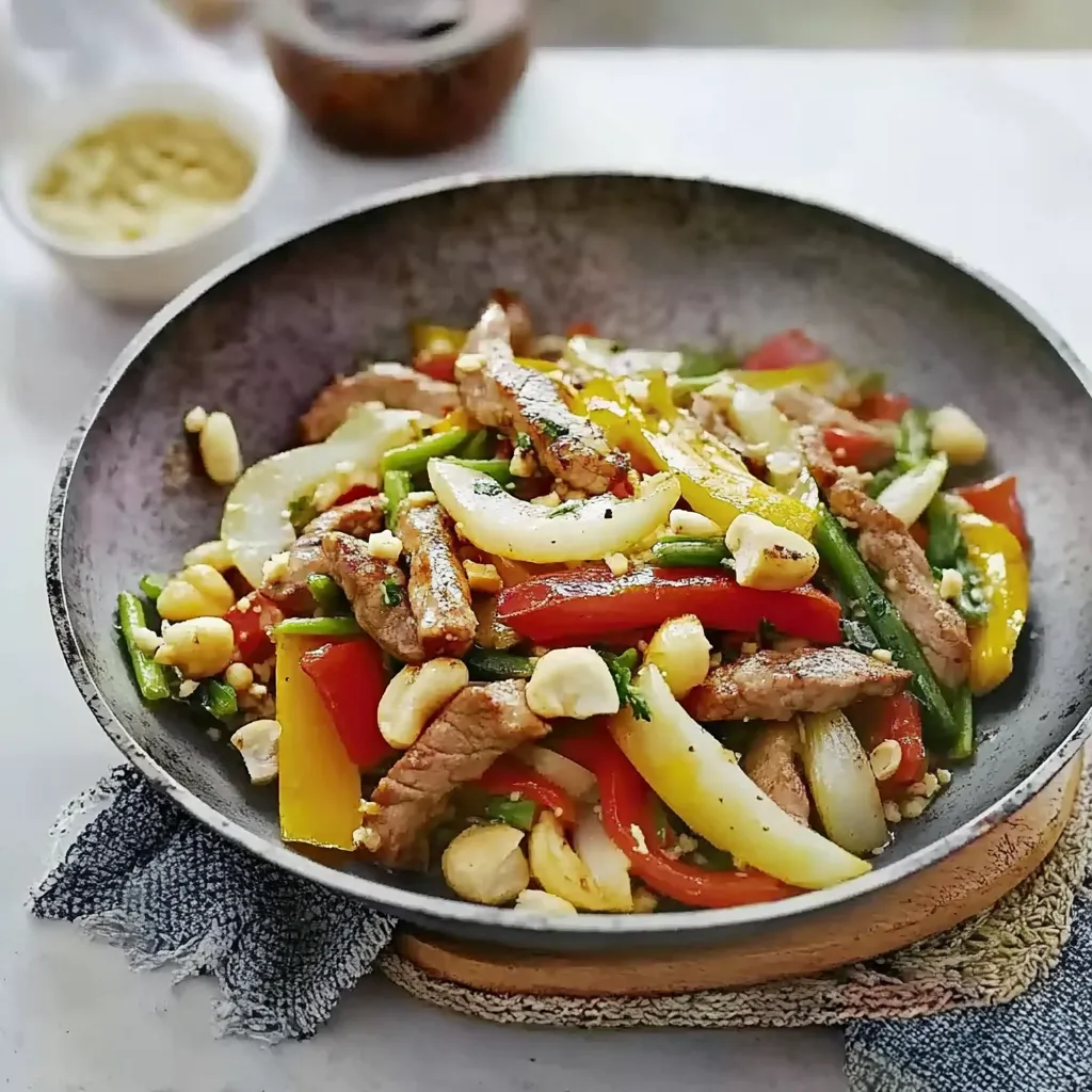 Ein Schmelztopf mit einer Mischung aus Fleisch, Gemüse und Nüssen.