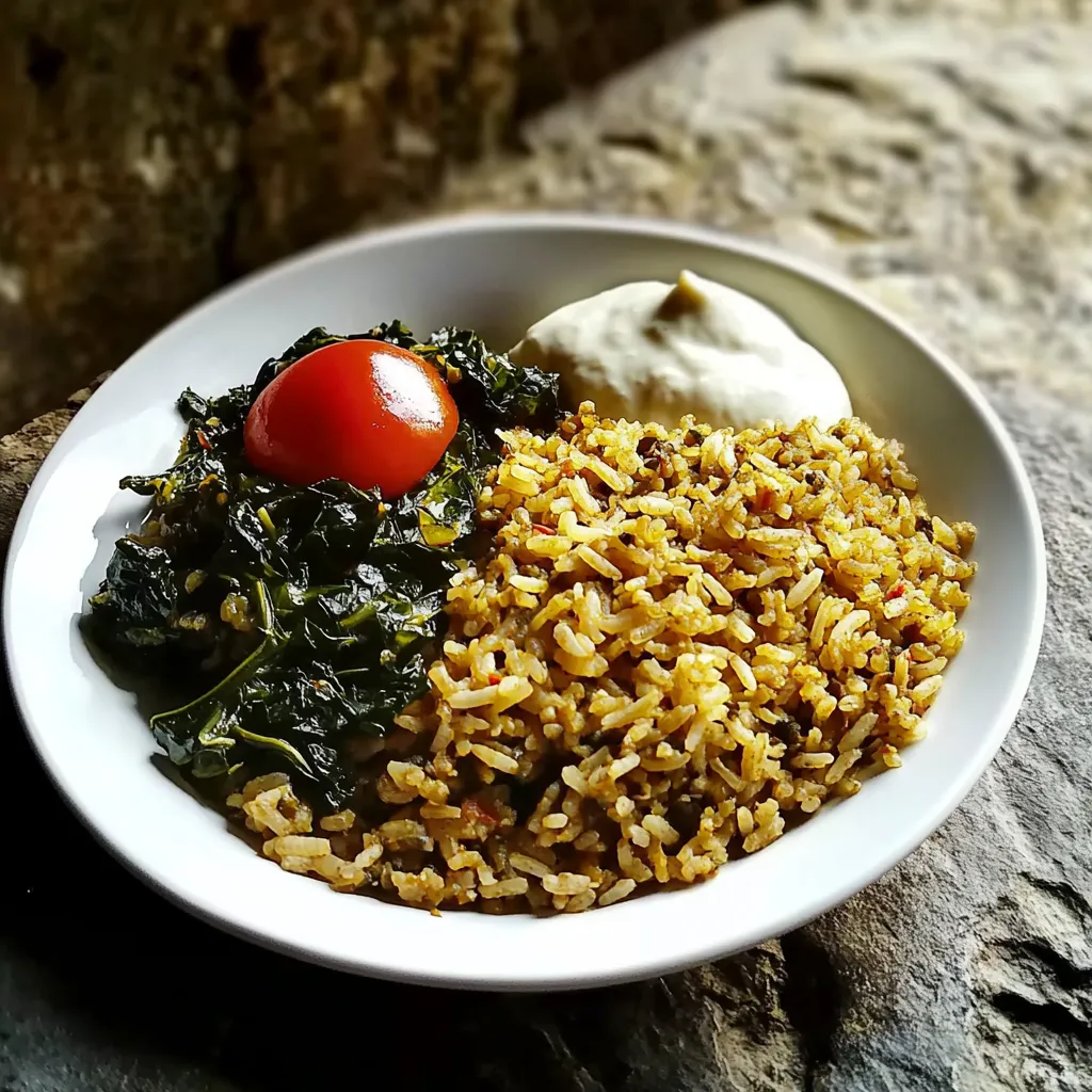 Ein weißer Teller mit Reis, Kokosmilch und Tomaten.