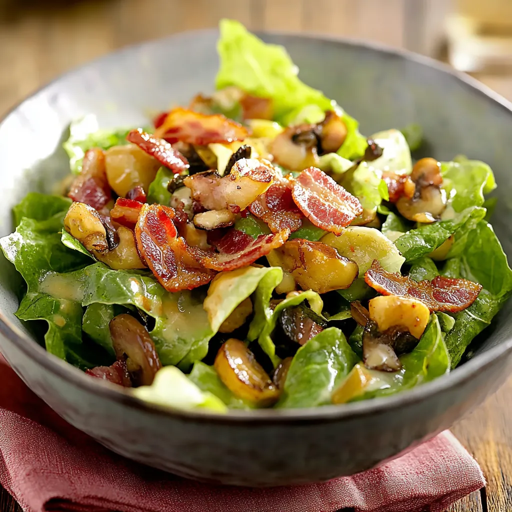 Ein Schüssel mit Salat, Bacon, Nüssen und Mushrooms.