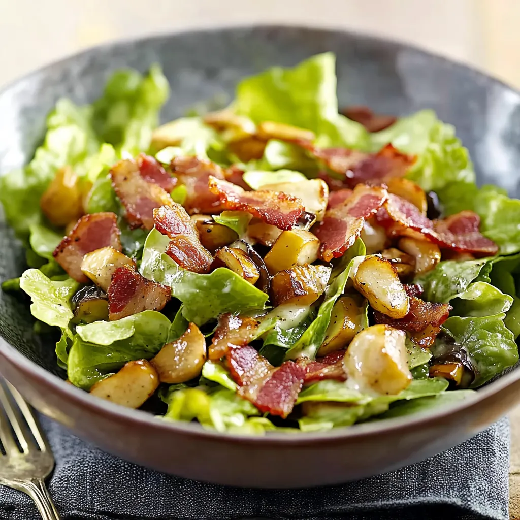 Ein Schüssel mit Salat, Bacon und Käse.