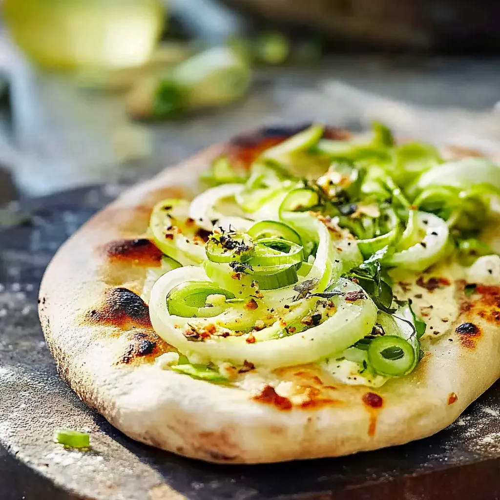 Eine pizza mit grünen Zwiebeln und Käse auf einem Tisch.
