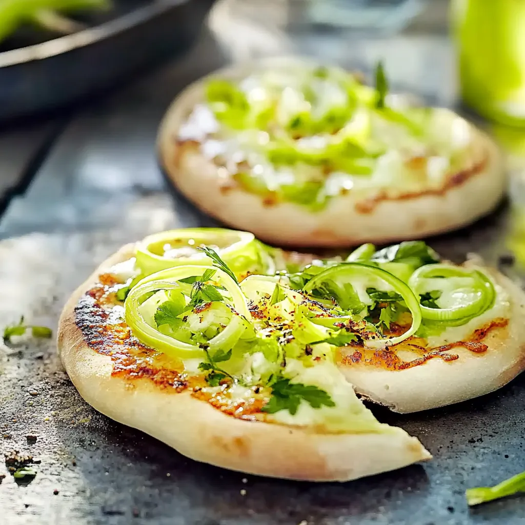 Ein Pizza mit grünen Zwiebeln und Käse auf einem Teller.