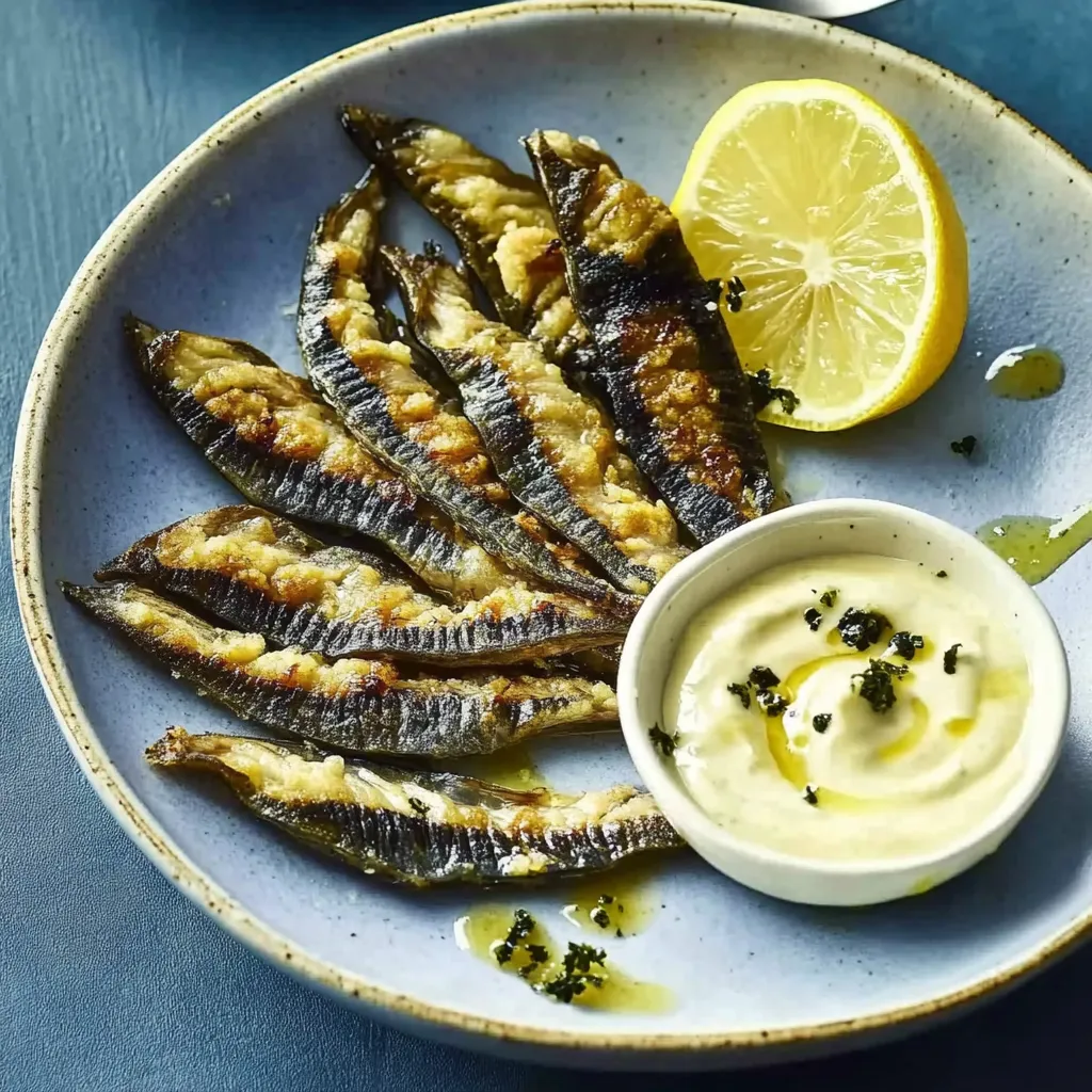 Ein Plate mit grünem Gemüse und einer Sauce.