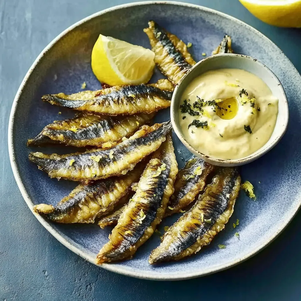Ein Plate mit gegrillten Anchovies und einer Schüssel mit Dressing.