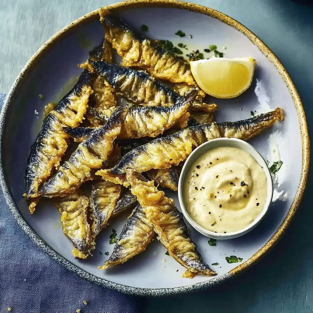 Ein Plate mit gerösteten Anchovies und einer Sauce.