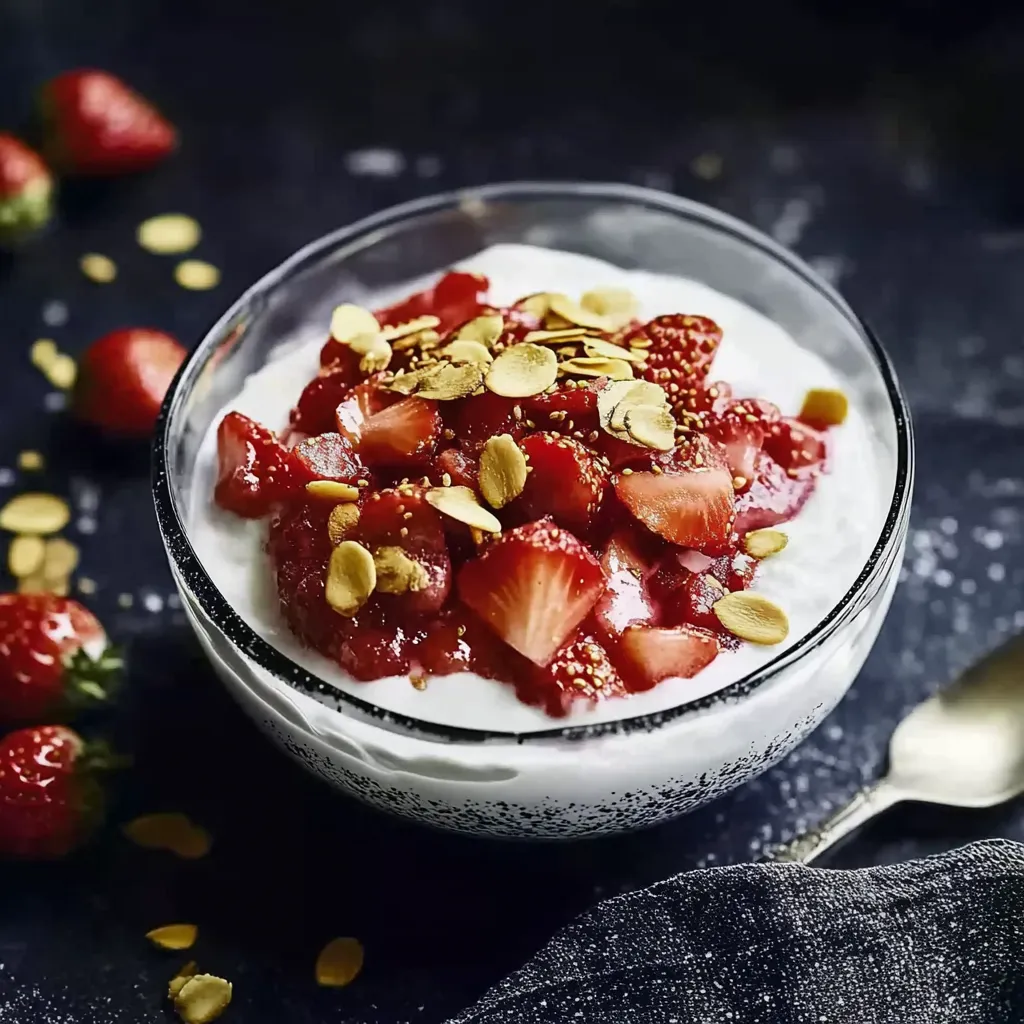 Eine Schüssel mit Strawberry-Whiskey-Topping, die mit Goldkornen und Nüssen garniert ist.