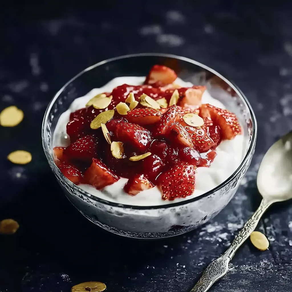 Ein Glas mit Strawberry-Jello-Topping und Walnuss-Schnitte.