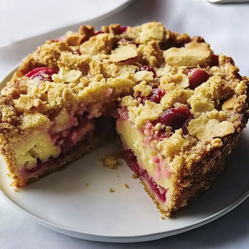 Ein Stück Kuchen mit einer Schicht aus Früchten und Nüssen auf einem weißen Teller.