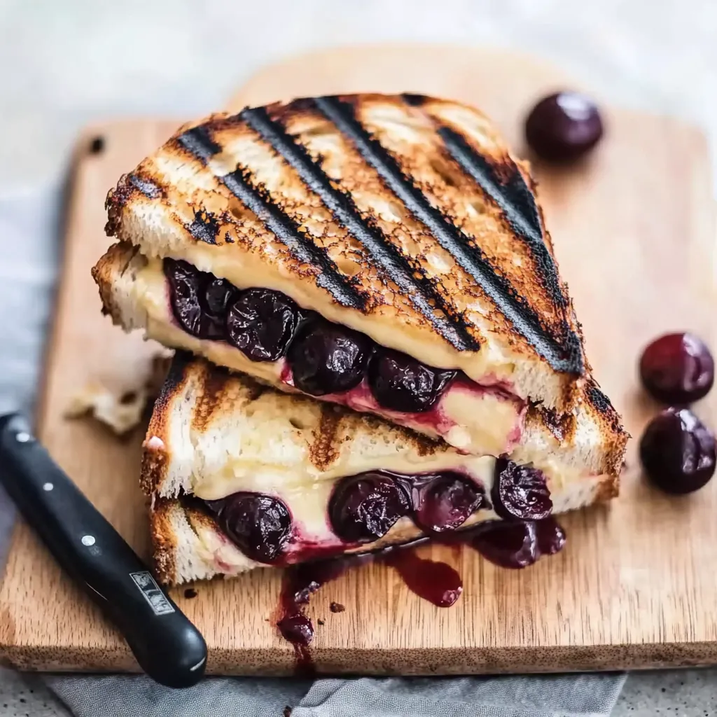 Eine halbe Scheibe Toast mit Cherry-Sauce auf einem Holzblock.