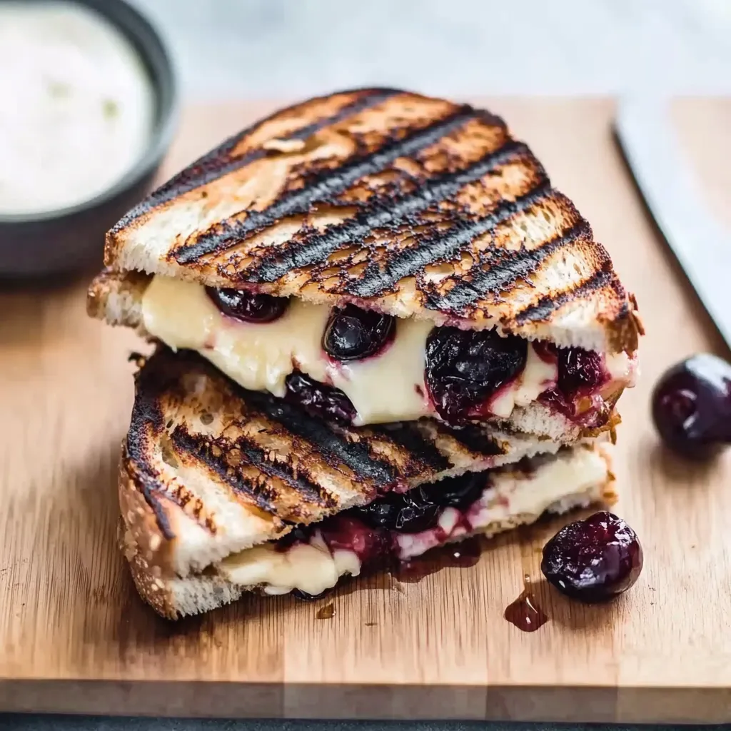 Eine Toast-Sandwich mit Zutaten wie Käse, Schwarzen Zwiebeln und Cherry-Tomaten auf einem Holzblock.